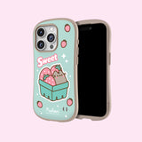 Back view of the mint green strawberry-themed iPhone 15 Pro phone case. Pusheen the Cat sits in a strawberry container with pink strawberries and white sparkles sprinkled around the background.