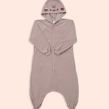 Full view of the front of the Pusheen Kigurumi Onesie. The onesie is a soft grey material that features Pusheen's face embroidered in grey and brownon the hood. The zipper starts at the neck and goes does to the wearer’s calves. 