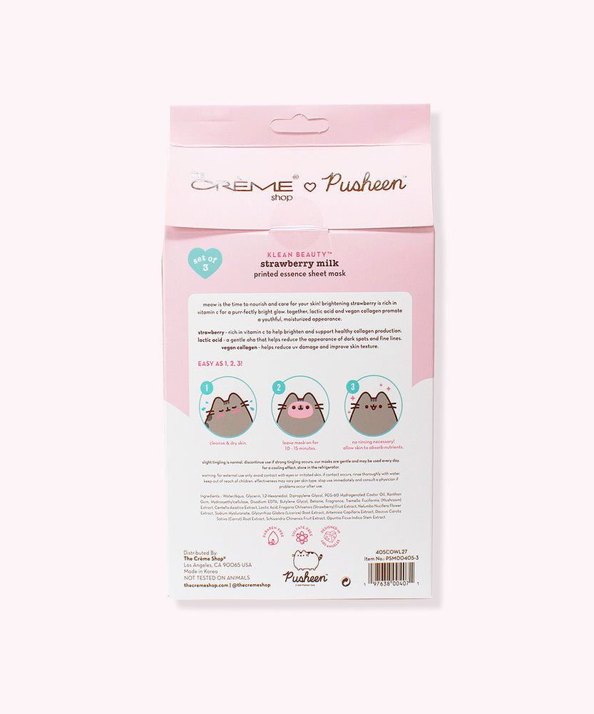 Back view of the Pusheen Sheet Mask 3-Pack Packaging. The ingredients and how to use the product is printed on the back and includes Pusheen graphics demonstrating how to use the product.