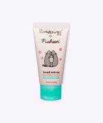 Front view of the Pusheen hand cream. The light pink squeeze tube has a light green snap close lid so that the tube can stand upright.