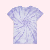 The backside of the Hello Kitty x Pusheen Purple Unisex Tee on top of a light pink surface. The light purple and white tie dye effect continues to the back of the tee.