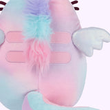 Closeup back view of the plush showcases light purple, light green, and light pink fur in the top back of the plush. Embroidered pink stripes sit between the iridescent wings while the multi-color striped tail sits at the bottom of the image. 