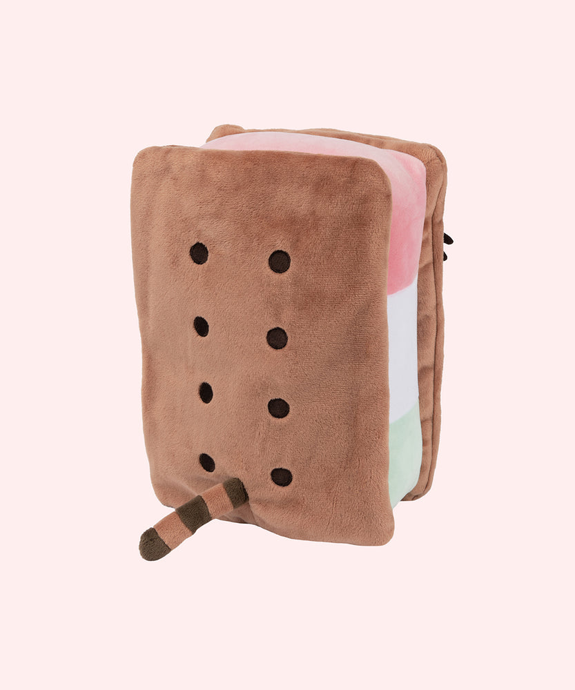 Back view of the Neapolitan Ice Cream Sandwich Pusheen Squisheen Plush shows off Pusheen’s light brown and dark brown iteration. 