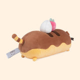 Back quarter view of the plush shows off Pusheen’s striped tail in a yellow and brown iteration.  