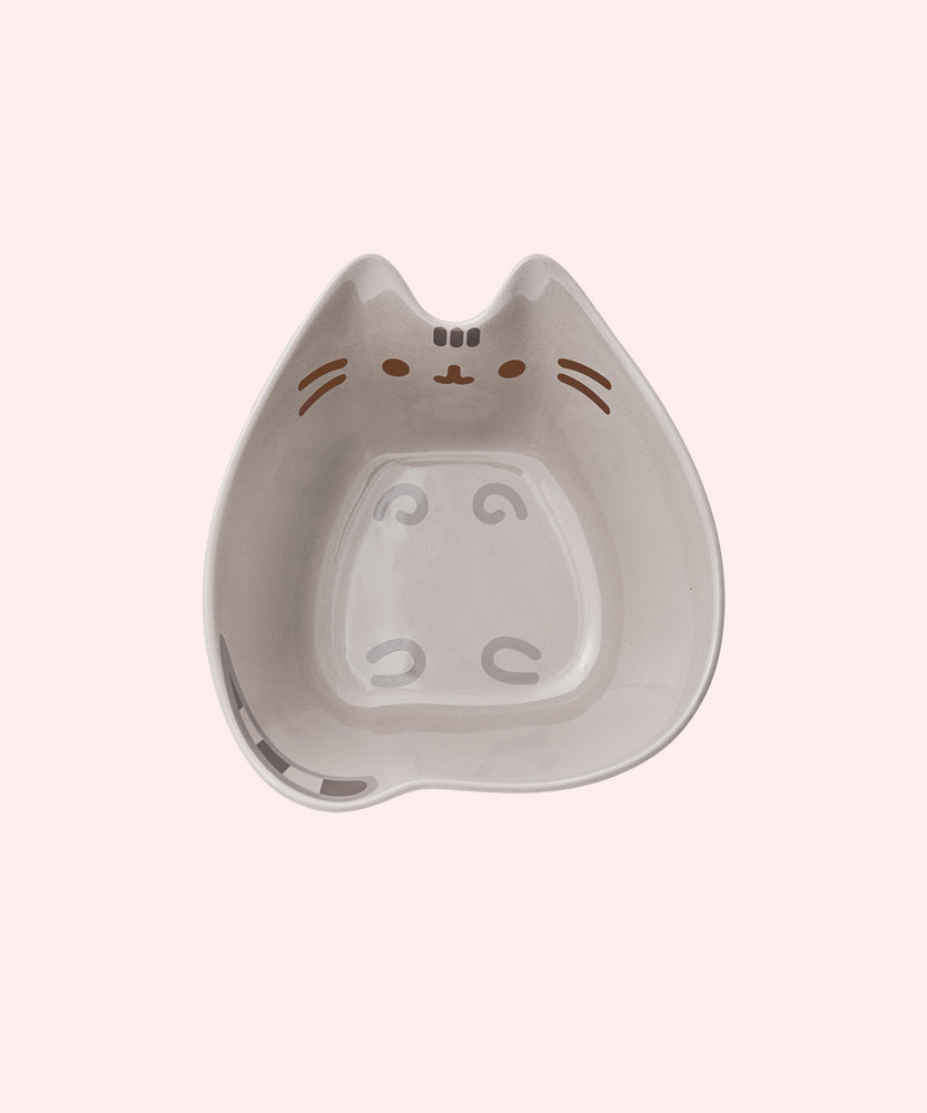 Top view of Ramen Bowl that shows the full interior of the bowl.  Pusheen's eyes, nose, and whiskers are a brown color while her forehead stripes, paws, and tails are a mix of light grey and dark grey colors.