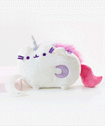 An animated gif transitioning from the Super Pusheenicorn Musical Plush standing on her legs in the light to standing in the dark, the lights on her horn and mane shining through. There is a sparkly crescent moon besides Super Pusheenicorn.