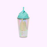 Back view of Whipped Sweet Tumbler. The iridescent finish of the cup allows you to see the Pusheen graphic on the reverse side of the cup. On the back of the cup is the copyright information. In this view, the teal and white striped straw can be seen coming out of the imitation whipped cream top of the cup. 