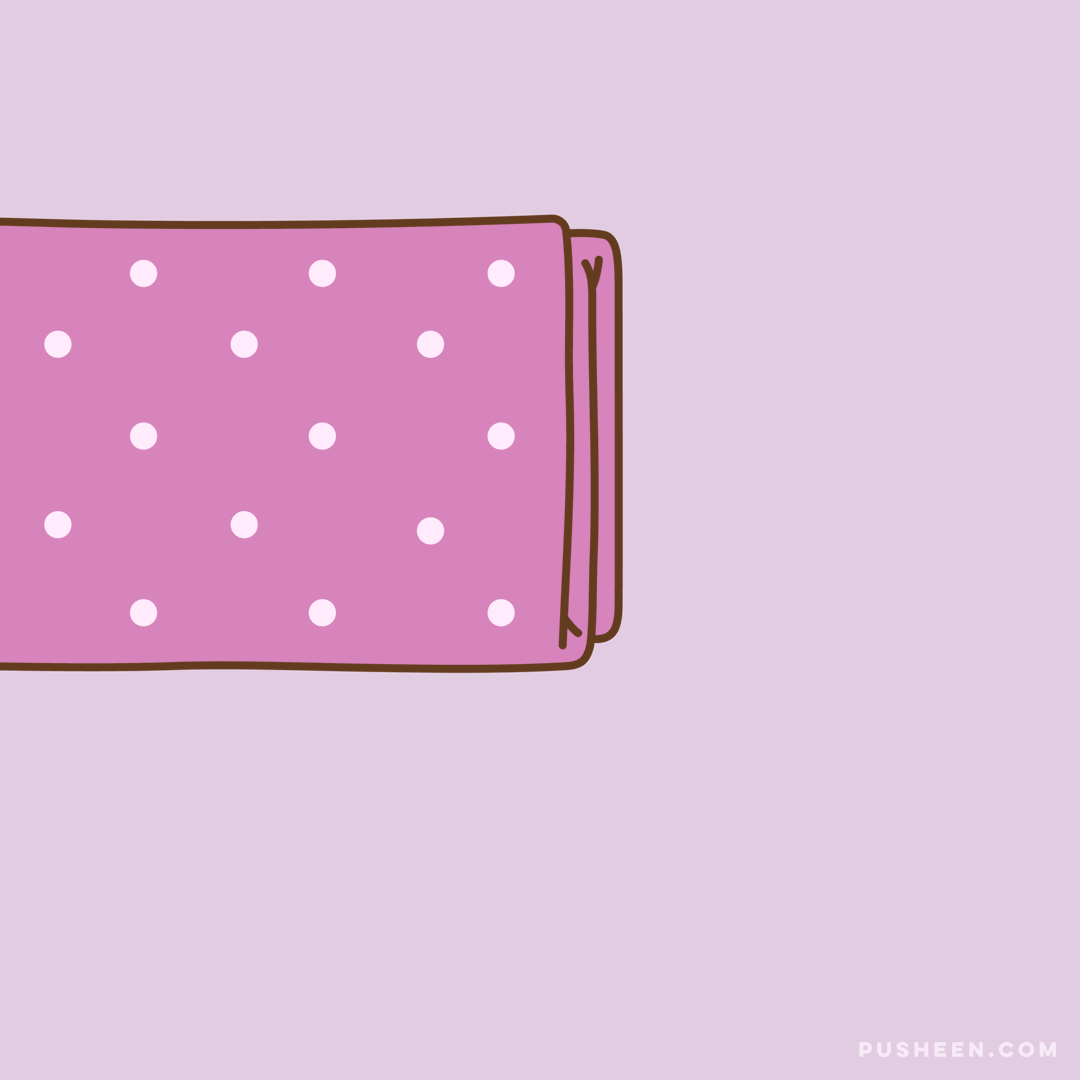 Snuggle Mode: Activated. Pusheen snuggles up in a blanket and watches tv with a bowl of popcorn.