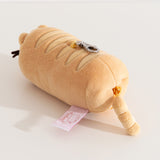 Back view of the baguette shaped plush keychain. The bottom zipper has Pusheen the Cat's striped tail attached. 