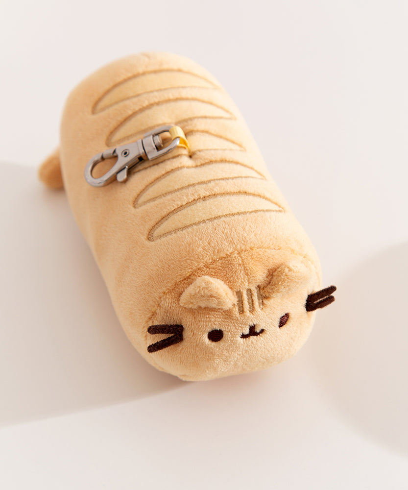 Aerial view of the baking lines atop the baguette themed keychain plush.