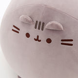 Close-up of Pusheen's face on the extra jumbo squisheen plush. The cat's two triangular shaped ears extend off the front of the plush above the embroidered facial features.