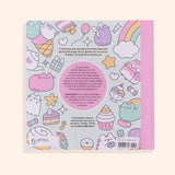 Back cover of the Coloring Cuteness: A Pusheen Coloring & Activity Book. The mint-colored background has a pattern of pastel graphics of Pusheen climbing an ice cream cone, Pusheen as a ghost, Pusheen as a strawberry milk carton, a teapot, candy, and more. The book has a light pink spine and contains a description of activities and coloring pages you’ll find inside the book. Print on the bottom of the cover is the publisher, a UPC code, and pricing information. 