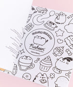Cover page of the Pusheen activity book. The righthand cover page features the same patterned graphic as the color but as black outlines on white paper unlike the full-colored cover. The lefthand page includes information about the book’s publisher and the copyright information. 