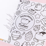 Cover page of the Pusheen activity book. The righthand cover page features the same patterned graphic as the color but as black outlines on white paper unlike the full-colored cover. The lefthand page includes information about the book’s publisher and the copyright information. 