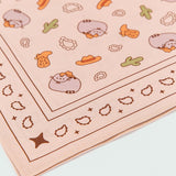 Close-up print of the pusheen cowboy-themed banner. The light brown scarf has digitally printed brown, grey, and green graphics.