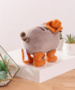 Back side quarter view. The brown cowboy hat placed atop Pusheen's right ear can be seen with a dark brown seam.