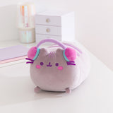 Front view of the Gamer Pusheen Log Squisheen Plush. The long cat plush toy wears a set of purple, pink, and teal headphones that extend over the top of her head.