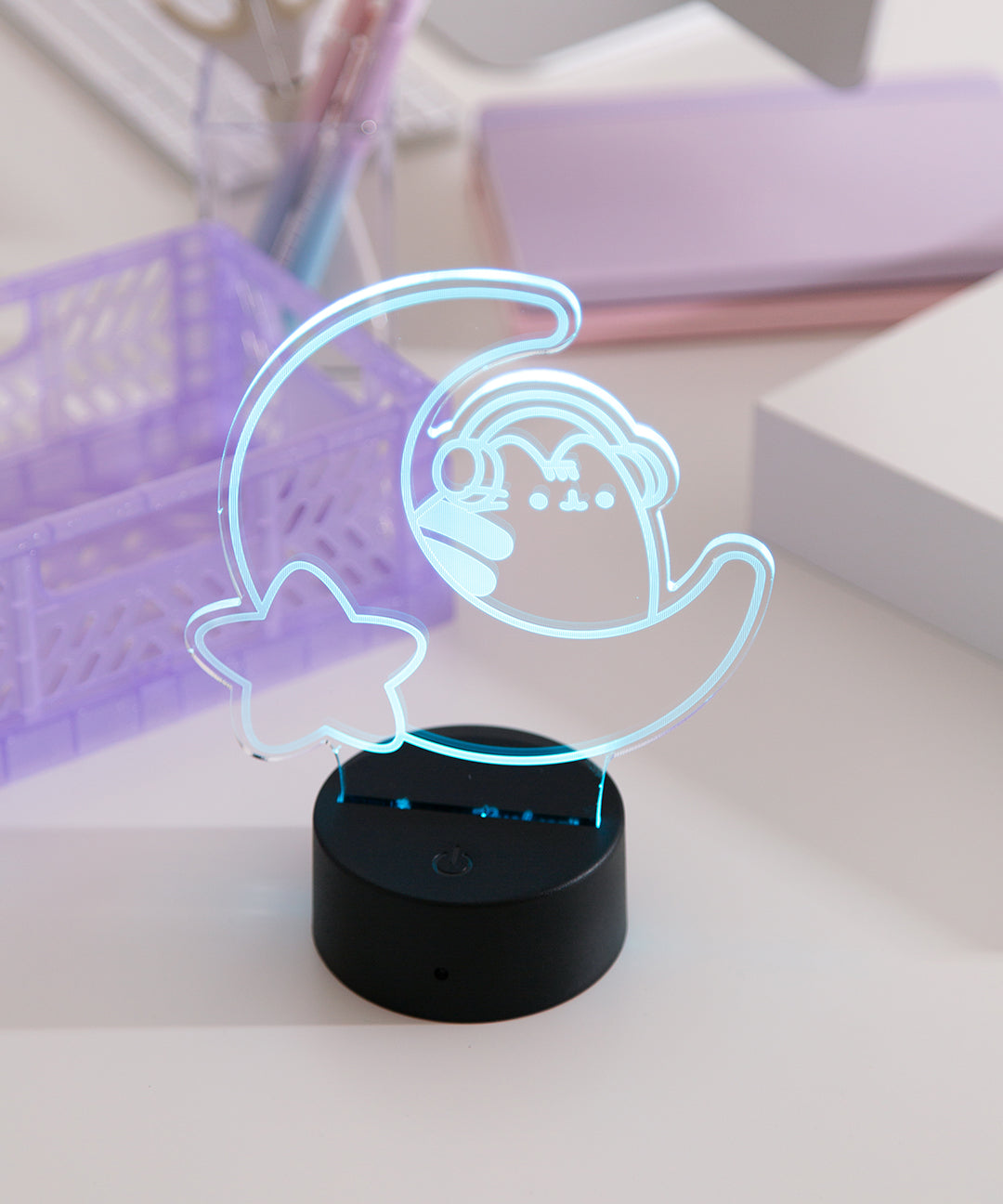 Gamer Pusheen Moon Otaku Lamp in the daylight to show the light feature in the sunlight.