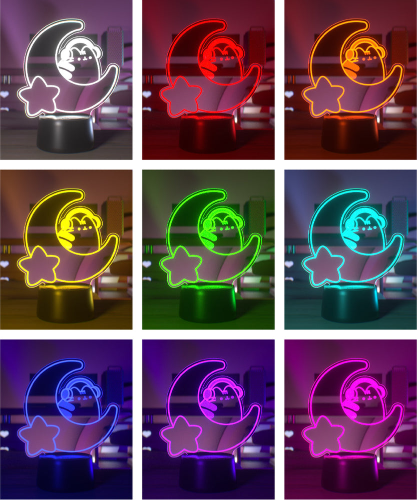Color-changing LED night light with moon and star design with Pusheen the Cat wearing headphones.
