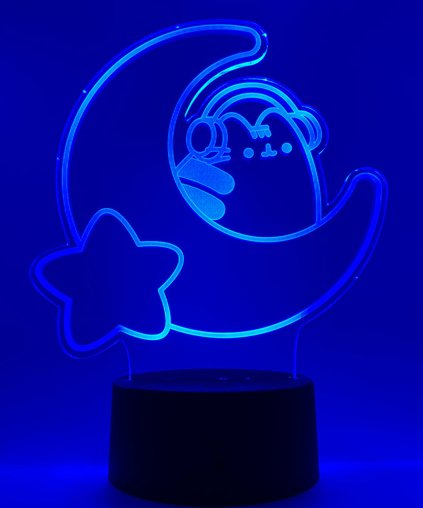Blue neon light shaped with a crescent moon, star, and Pusheen the Cat wearing headphones.