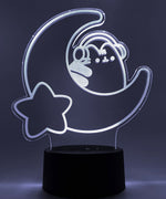 White neon light shaped with a crescent moon, star, and Pusheen the Cat wearing headphones.