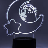 White neon light shaped with a crescent moon, star, and Pusheen the Cat wearing headphones.