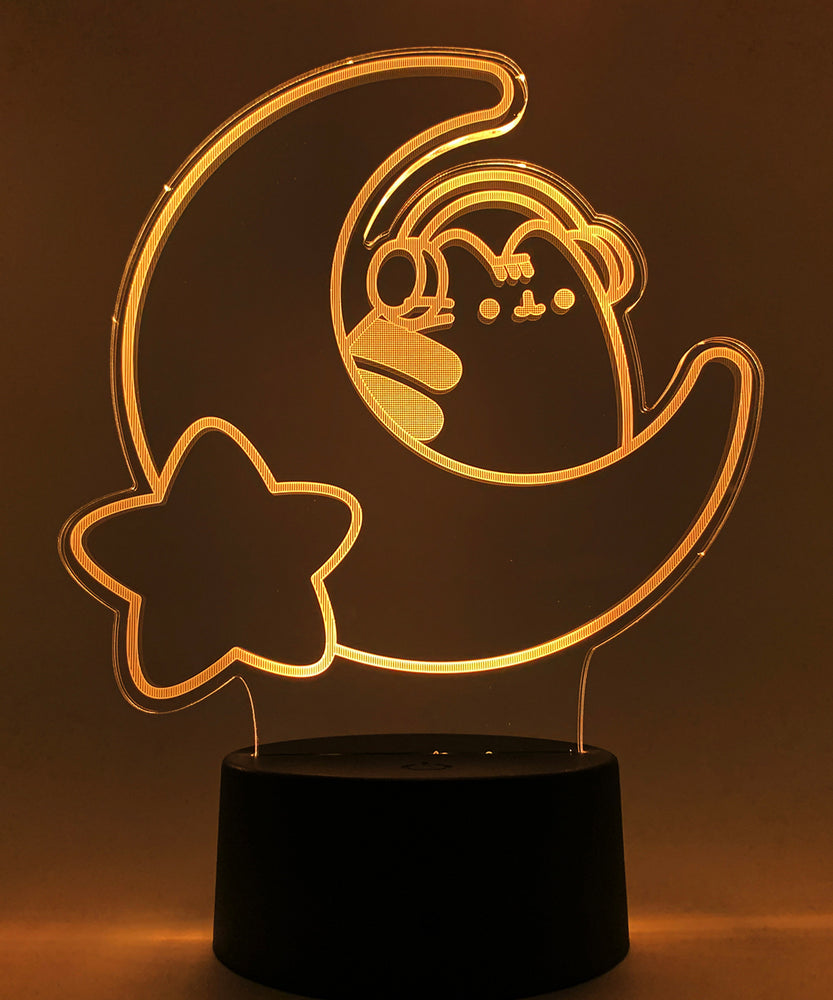 Orange neon light shaped with a crescent moon, star, and Pusheen the Cat wearing headphones.