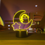 Yellow LED light shaped with a crescent moon, star, and Pusheen the Cat wearing headphones.