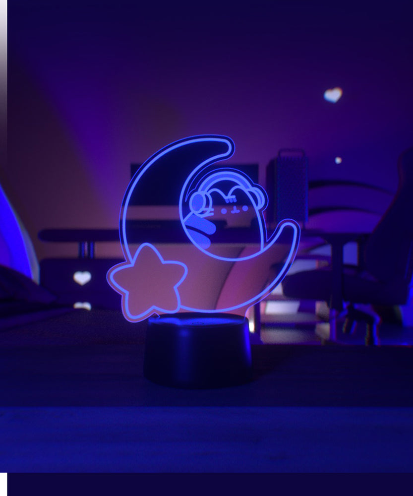Purple LED light shaped with a crescent moon, star, and Pusheen the Cat wearing headphones.