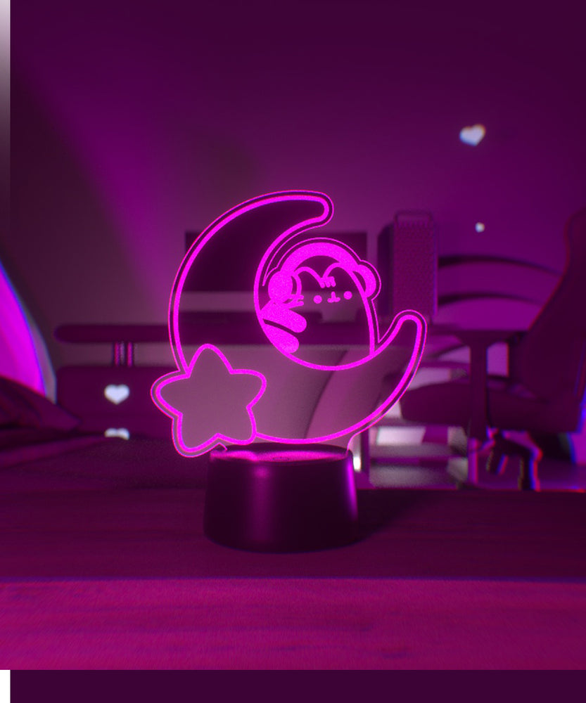 Pink LED light shaped with a crescent moon, star, and Pusheen the Cat wearing headphones.