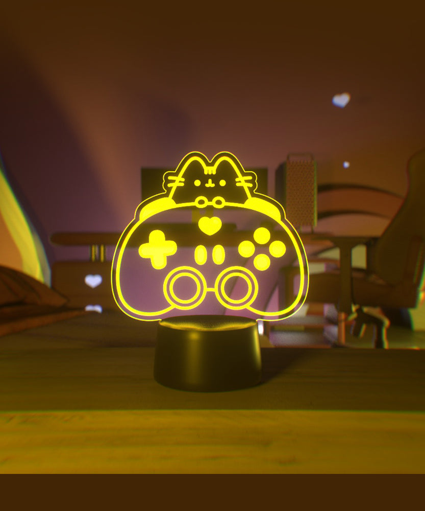 Yellow LED light shaped with Pusheen the Cat and a gaming controller.