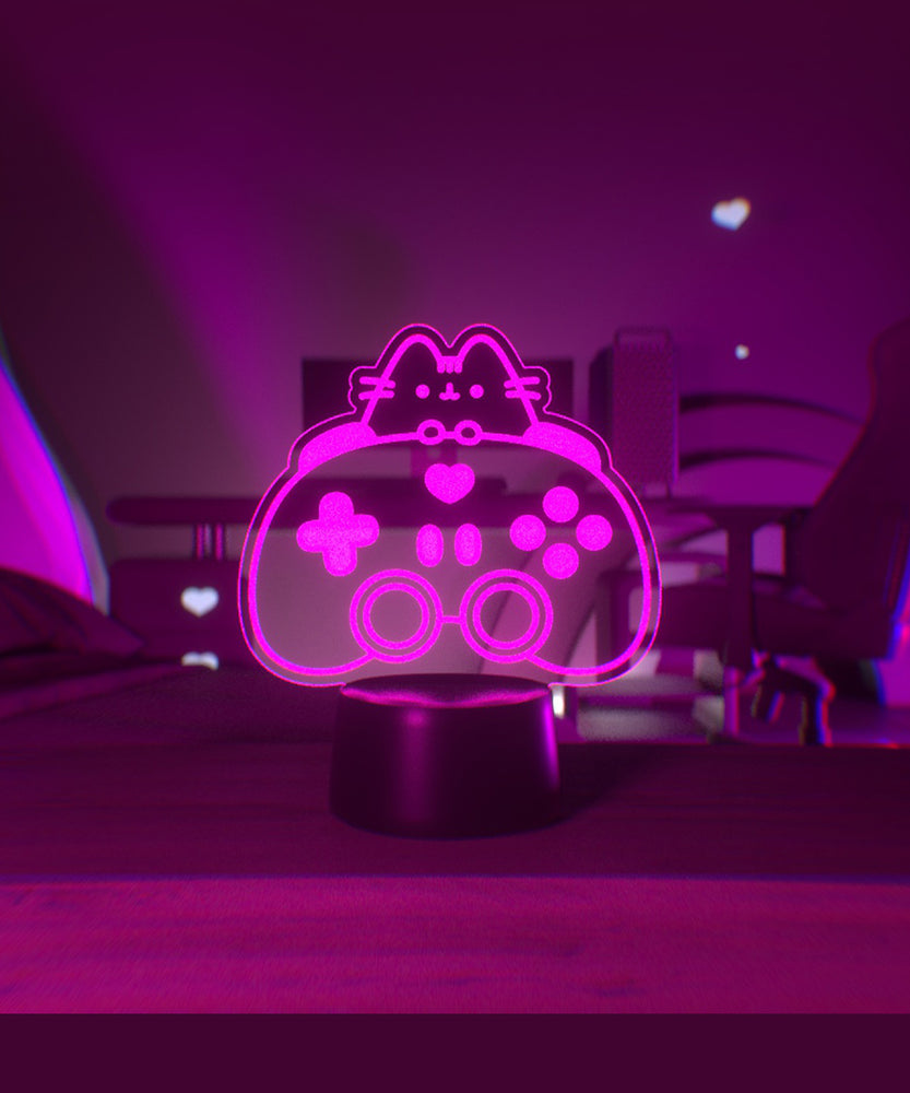Pink LED light of Pusheen the Cat and a gaming controller.