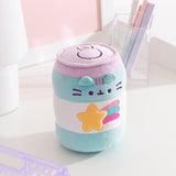 Front view of the Gamer Pusheen Pop Sip Plush. Pusheen the Cat takes the form of a blue and white striped energy drink with a purple lid ad pull tab. The front features Pusheen's face above a shooting star graphic. 