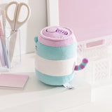 Side and back view of the Pusheen Pop Sip Plush. Pusheen's purple and blue striped tail colors match the lid and can elements on the plush toy. 