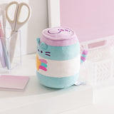 Side view of the plush. The blue and white stripes continue around the entire cylindrical plush. From this view Pusheen's striped tail can be seen extending off the back of the plush.