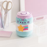 Quarter side view of the can shaped plush toy. Pusheen the Cat's three head stripes are embroidered in a purple color that matches the lid color of the can. The stripes are placed between the triangle shaped ears that extend off the front of the plush.