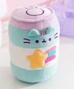 Close-up view of the texture of the Energy Drink Plush. The blue and white striped can has Pusheen's eyes, mouth, and whiskers embroidered in a dark purple thread.
