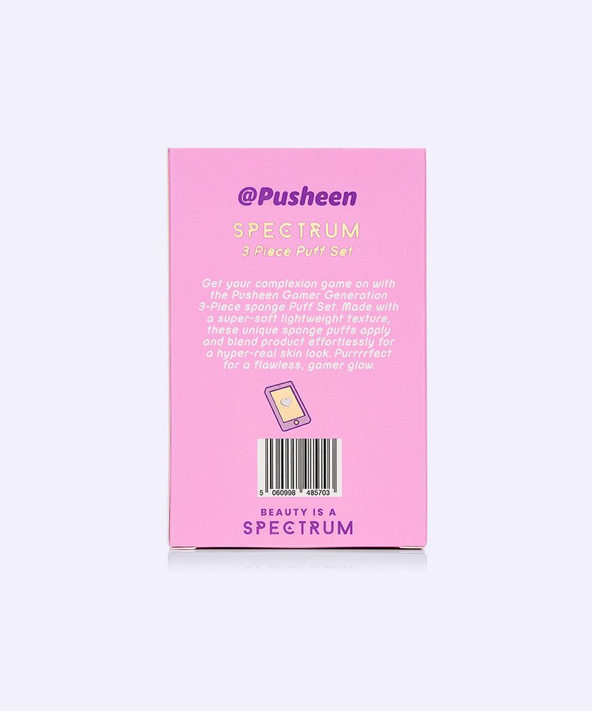 Back view of the Makeup Puffs Set packaging. The pink box has a product description as well as the Pusheen and Spectrum Collections logos. 