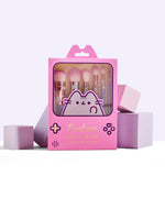 Back view of the Gamer Pusheen Makeup Brush set packaging. The back includes product information as well as what brushes are included in the set. The synthetic brushes are cruelty-free and vegan. 