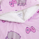 A close-up view of the hoodie hood interior. The white sherpa fabric accented the white details in the all-over-print of the  a blushing gray and purple cat with a purple gaming controller.