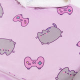 Close-up of the all-over-print on the Gamer Pusheen Wearable Blanket Hoodie. On top of the purple background are pink gaming controllers with multi-colored buttons.