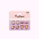 Gaming Pusheen 4-Pack Stud Earrings Set on their cardboard backing card. The top half of the card has the Pusheen logo in brown on a light pink background and the bottom half of the card is purple. 