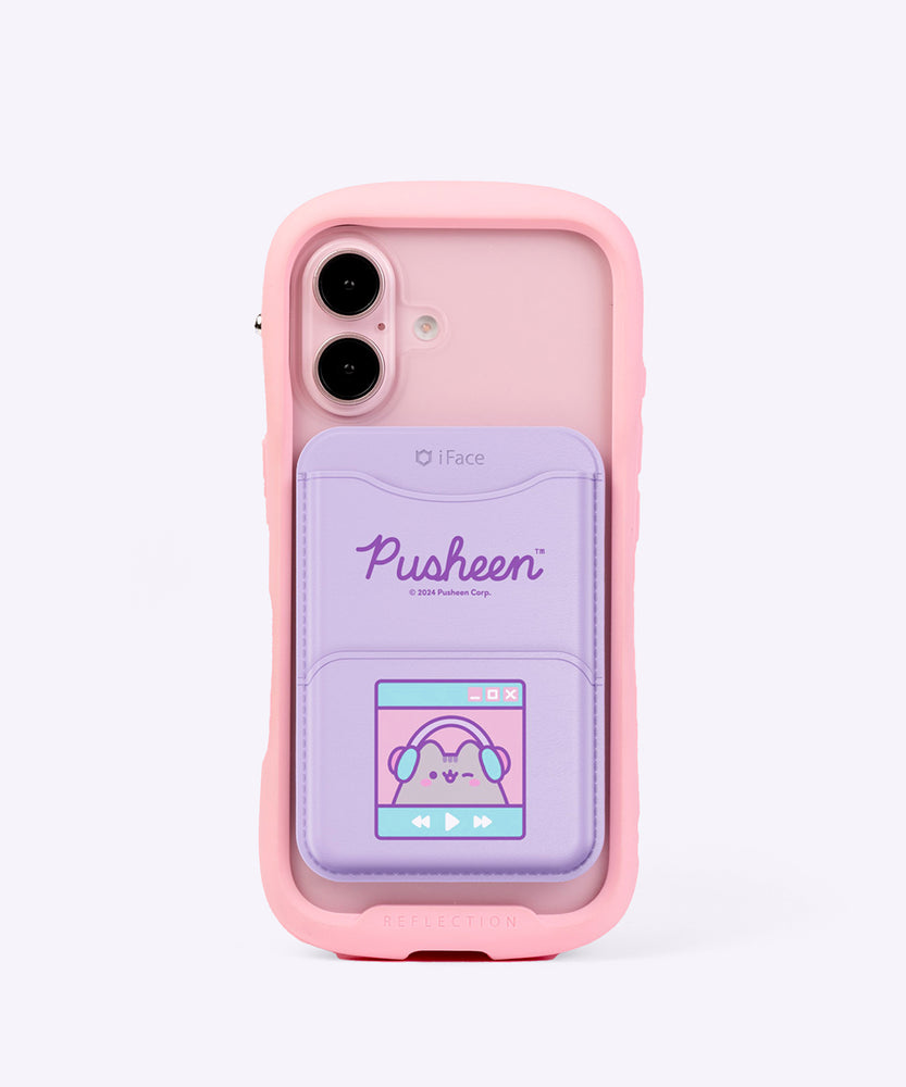 Gaming Pusheen Phone Wallet shown attached to a phone case. The light purple phone wallet attaches with a MagSafe magnet.