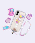 Gaming Pusheen Phone Stickers shown next to a phone to show the size of the stickers. 