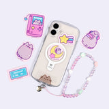 Gaming Pusheen Phone Stickers shown next to a phone to show the size of the stickers. 