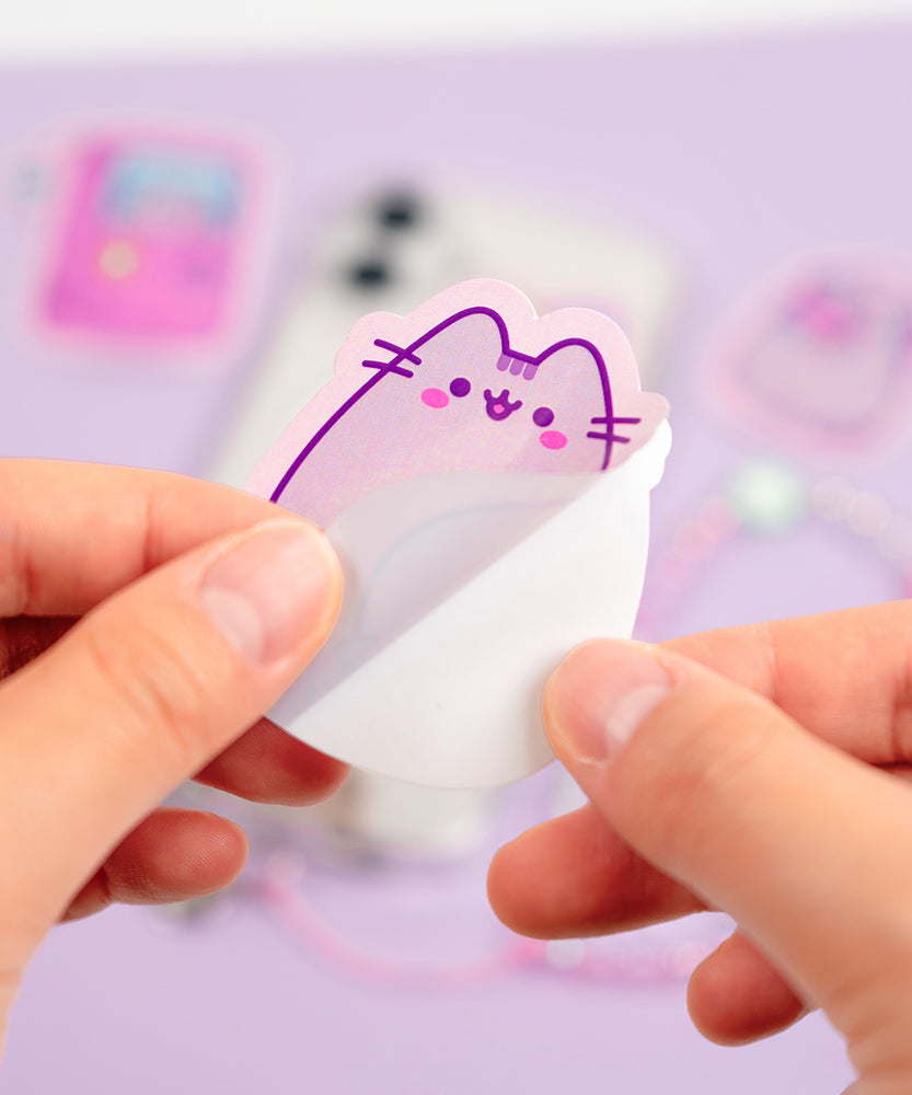 Model shows how to peel the backing of the Pusheen gamer phone decal stickers. 