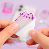 Model shows how to peel the backing of the Pusheen gamer phone decal stickers. 