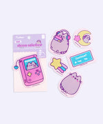 View of all the stickers included in the Gaming Pusheen Phone Stickers pack. The stickers feature various graphics of Pusheen the Cat gaming and some classic gamer icons. 