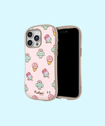 Back view of the pink ice cream-themed iPhone 15 Pro Max phone case. Various ice cream forms of Pusheen the Cat are included in an all over print on the back of the case. 