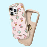 View of the outer shell and interior of the Pusheen Ice Cream Phone Case. The pink case has a tan bumper and interior lining. The case also has a spot to add a phone charm in the bottom right corner.